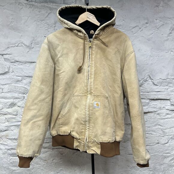 Carhartt Jacket Tan Duck Hooded Lined Canvas J140 BRN Workwear Distressed Faded - Picture 1 of 11